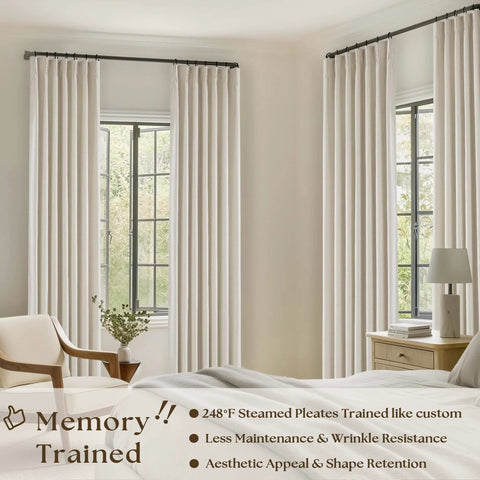 Cozy Pleated Cream Beige Linen Blackout Curtains For Bedroom 90 Inch Length 2 Panels Pinch Pleat Back Tab