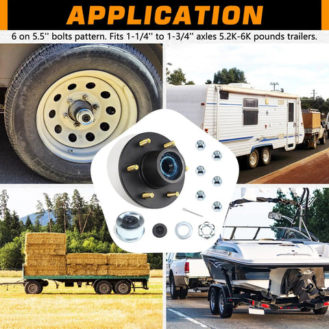 Six Lug 5.5 Inch Trailer Hub Kit For 5200 To 6000 Lb Axles with EZ-Lube D42 spindle, shown on trailers and boats