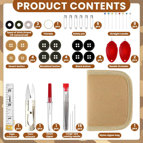 Contents of EDC Ready Military Style Survival Sewing Kit Tactical Pack with buttons, needles, scissors, seam ripper, nylon bag.