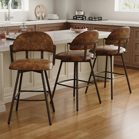 26 Inch Bar Stool Set Of 3 Modern Sleek Swivel Counter Height Chairs With Backrests And Metal Legs Faux Leather Upholstered