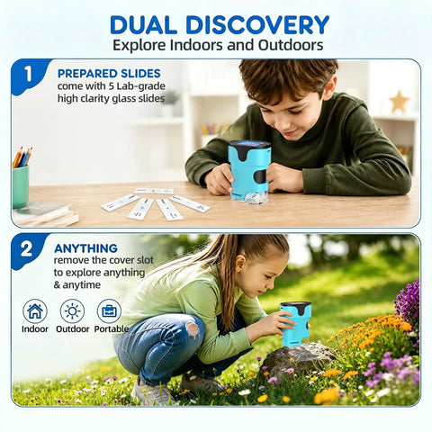 1000X Kids Digital Handheld Microscope With Built-In 4K Screen No Phone Needed Easy Portable Lab For Insects Leaves Coins And More Educational STEM Toy Gift For Ages 4 5 6 7 8 9 10 11 12 showing kids using it indoors and outdoors
