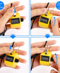 Set Of Five Legit Sturdy Handheld Tally Clicker Counters With Four Digit Dial And Slick Abs Body demonstrating counting and resetting functions.