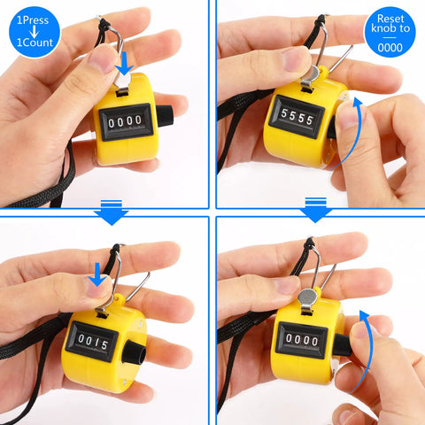 Set Of Five Legit Sturdy Handheld Tally Clicker Counters With Four Digit Dial And Slick Abs Body demonstrating counting and resetting functions.