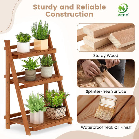 3 tier wooden plant stand indoor Foldable 3 Tier Ladder Plant Stand Solid Wood ✓