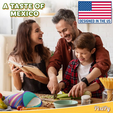 Family cooking in kitchen with Multicolor 12 Inch Tortilla Warmer Pouch on table, microwavable fabric tortilla heater visible.