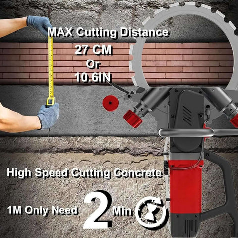 Tough As Nails Brushless Concrete Ring Saw With Integrated Dust Extraction Linkage Pump For Deep Wall Cutting And Precision Slotting Knockout Motor, showing max 27 cm cutting distance.