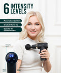Woman using Deep Tissue Massage Gun with Detachable Extension Handle for Back and Shoulders Heated Percussion Massager