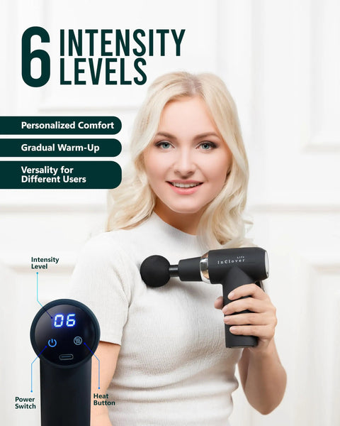 Woman using Deep Tissue Massage Gun with Detachable Extension Handle for Back and Shoulders Heated Percussion Massager