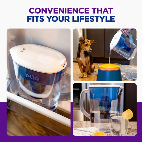 Collage of 7-Cup Water Filter Pitcher With Faster Filtration, LockFit Cap in fridge, pouring water, and on counter