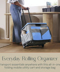 Person using Mobile Folding Utility Cart With Canvas Organizer Bag in blue grey for groceries, tools, laundry, books