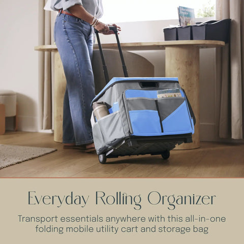 Person using Mobile Folding Utility Cart With Canvas Organizer Bag in blue grey for groceries, tools, laundry, books