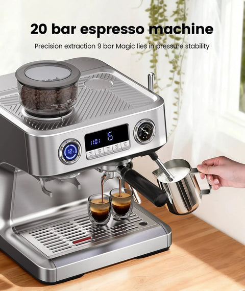 Premium Dual Boiler Espresso Machine With Integrated Grinder And 20 Bar Pressure pouring milk into cups of espresso on countertop.