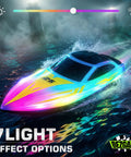 Colorful RC boat with LED lighting on water, showcasing 7 light effect options, ideal for pool or lake fun at night.