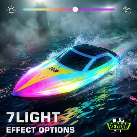Colorful RC boat with LED lighting on water, showcasing 7 light effect options, ideal for pool or lake fun at night.