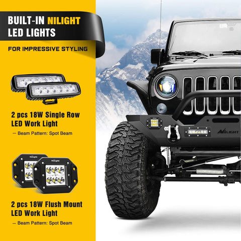 Nilight front bumper winch plate for Jeep Wrangler JK/JKU; black bumper with built-in LED work lights
