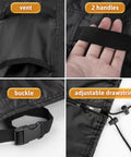 Close-up of vent, handles, buckle, and drawstring on All Weather Waterproof Outdoor Swing Cover For 3 Seater Patio Swing And Hammock Glider Chair.