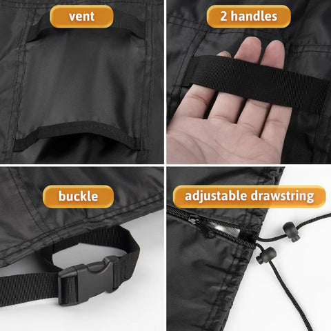 Close-up of vent, handles, buckle, and drawstring on All Weather Waterproof Outdoor Swing Cover For 3 Seater Patio Swing And Hammock Glider Chair.