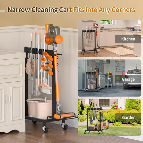 Beefed Up Cleaning Supplies Organizer And Broom Mop Holder Cart With Wheels for kitchen, garage, and garden storage