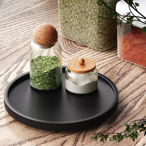 Dope Lazy Susan Organizer For Kitchen Cabinets And Pantry Bamboo Turntable Rotating Tray holding spice jars on table
