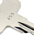 JEENDA ignition key blade, metal, stamped 455, close-up view for scissor/boom lifts