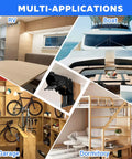 Multi-application image showing Heavy Duty Folding Brackets With Screws For Tables Beds Cabinets And Workbenches in RV, boat, garage, and dormitory settings.