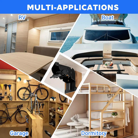 Multi-application image showing Heavy Duty Folding Brackets With Screws For Tables Beds Cabinets And Workbenches in RV, boat, garage, and dormitory settings.
