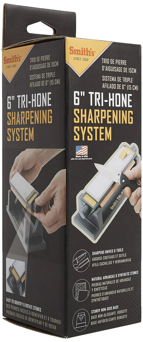 Tri Hone Stone Sharpening System Three Way Honing With 1000 Grit Fine Arkansas Stone, 800 Grit Medium Stone, And 300 Grit Coarse Stone On 6 Inch Stones With Nonslip Rubber Feet For Knives, Tools, Hunting, Kitchen, And Fishing packaging