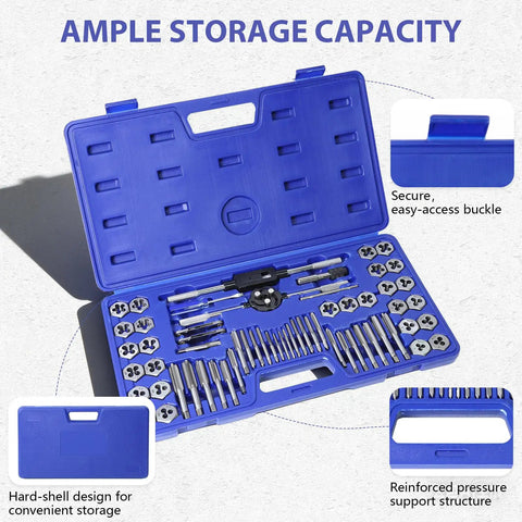 Pro Grade Tap And Die Set With 60 Pieces For SAE No. 4 To One Half Inch And Metric M3 To M12 Rethreading Tools And Thread Chasers