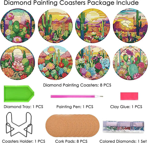 Colorful Cacti Diamond Painting Coaster Set With Holder 8 Piece DIY Art Coasters For Beginners And Grownups 4x4 Inches Kit Overview