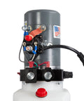 Front view of Beefy 12V Hydraulic Pump For Single And Double Acting Systems With 6 Quart Capacity Portable Durable Metal Build