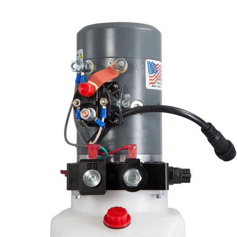 Front view of Beefy 12V Hydraulic Pump For Single And Double Acting Systems With 6 Quart Capacity Portable Durable Metal Build