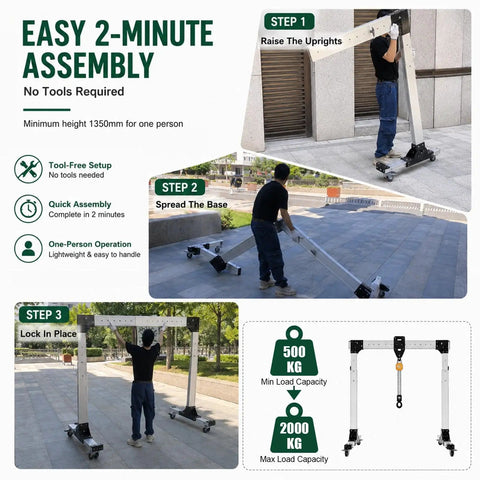 Step-by-step guide for Easy 2-Minute Assembly of Straight Up Adjustable Aluminum Gantry Crane Kit With Manual Chain Hoist.