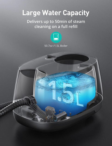 Turquoise Heavy Duty Handheld Steam Cleaner Mop 293 Degree Heat, 58 PSI shows 50.7oz water tank with visible steam boiler components.