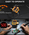 Cordless Soldering Iron Kit with 90W Digital LED Display for 20V 60V Flex Batteries showing temperature adjustment and use