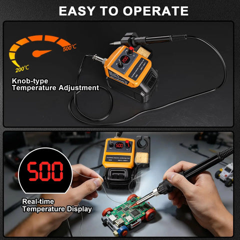 Cordless Soldering Iron Kit with 90W Digital LED Display for 20V 60V Flex Batteries showing temperature adjustment and use