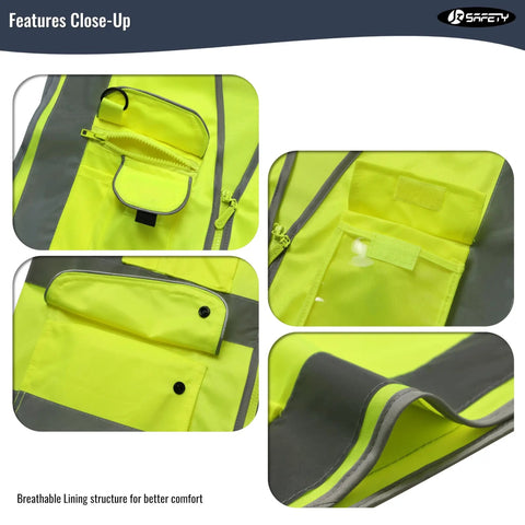 Close-up of Nine Pockets Class Two High Visibility Zipper Front Safety Vest With Reflective Strips Neon Yellow Meets ANSI ISEA Standard
