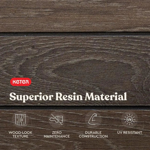 Close-up of wood-look texture in walnut finish on a weatherproof resin material, highlighting durability for 60 Gallon Storage Bench Deck Box For Patio And Outdoor Hangouts In Walnut Finish, Weatherproof Resin Chest With Wood-Look Texture, Hidden Garden Tool Organizer, Sturdy Weather-Resistant Seat And Storage.