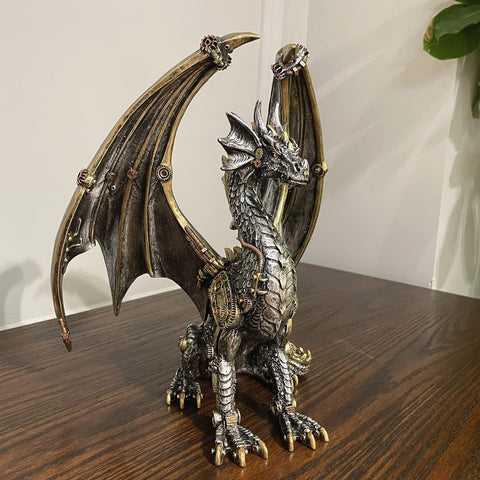 Dope Steampunk Dragon Statue Resin Sculpture with Gears and Metallic Finish for Home Decor and Man Cave Gothic Retro Look Collectible