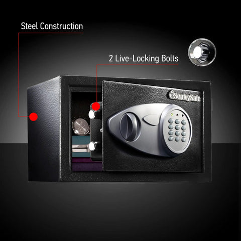 Digital Keypad Steel Safe With Interior Lining And Bolt Down Kit For Money Jewelry And Electronics About Half Cubic Foot Eight Point Seven By Thirteen Point Eight By Nine Point Seven Inches Home Safe For Daily Use And Quick Access showing steel construction and live-locking bolts.