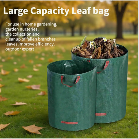 Large green reusable leaf bags filled with garden debris, shown in a park setting with fallen leaves on the ground.