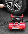 Portable air compressor inflating car tire, showing 1 gallon tank, part of 18 Gauge Brad Nailer and Quiet 1 Gallon Air Compressor Combo Kit.