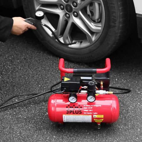 Portable air compressor inflating car tire, showing 1 gallon tank, part of 18 Gauge Brad Nailer and Quiet 1 Gallon Air Compressor Combo Kit.