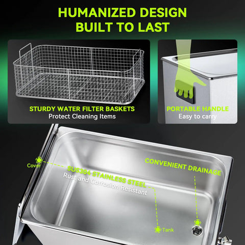 Mntnco 30L Ultrasonic Cleaner With Heating And Deep Clean Mode Touch Control features stainless steel tank and filters for effective cleaning.