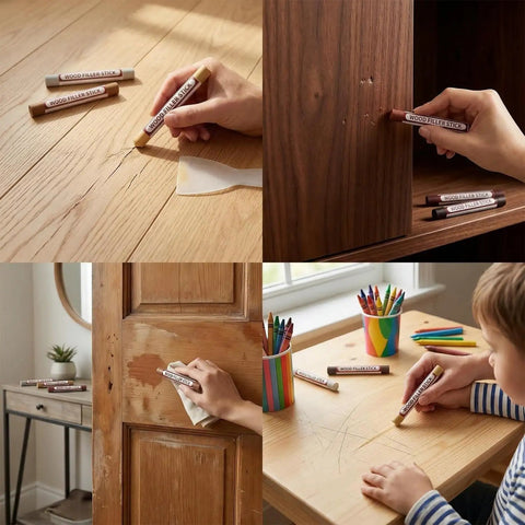Multiple views of 8 Color Wood Filler Sticks Repair Kit Waterproof Sandable Paintable Wax Putty For Furniture Floor Cabinets Touch Up White Hole Fix Scratch Repair For Seamless Finish in use on wood surfaces.