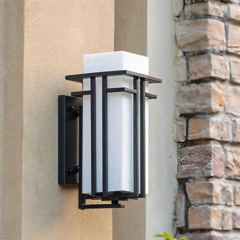 Outdoor Wall Mounted Porch Light Waterproof Exterior Lantern With Frosted Glass And Black Square Metal Frame Weather Resistant For Entryways Yards Garage Front Porch