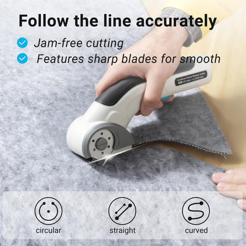 Cordless Electric Scissors Heavy Duty Fabric Cutter Lightweight Power Shears cutting through fabric with sharp blades.