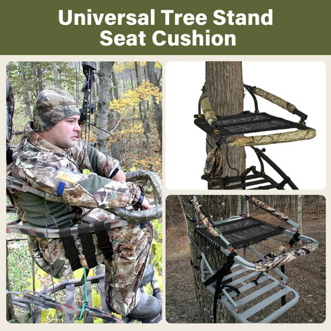 Universal Tree Stand Seat Replacement for Hunting with Adjustable Strap and Camouflage Finish on Treestand, Man Seated in Forest