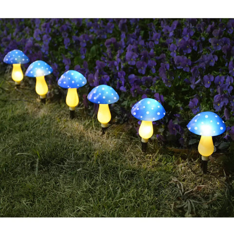 Six Pack Blue Solar Garden Mushroom Stake Lights With Eight Lighting Modes For Outdoor Yard Decor Solar Powered Waterproof