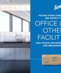 Front view of Scott Professional Universal Multifold Paper Towels bulk pack with Scott logo on blue ad panel