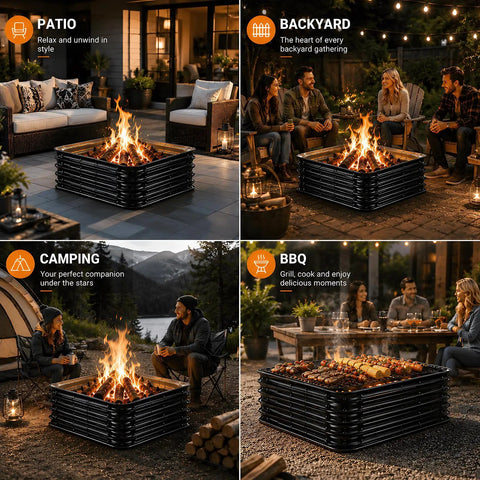 48 Inch Beast Heavy Duty Square Fire Pit Ring For Outdoor Use with glowing bonfire in patio, backyard, camping, and BBQ settings.